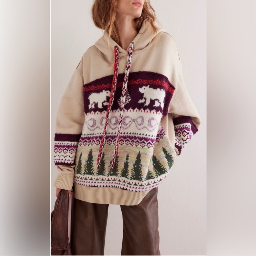 Free People Lutz Sweatshirt Oversized Hooded Size M Bear Combo